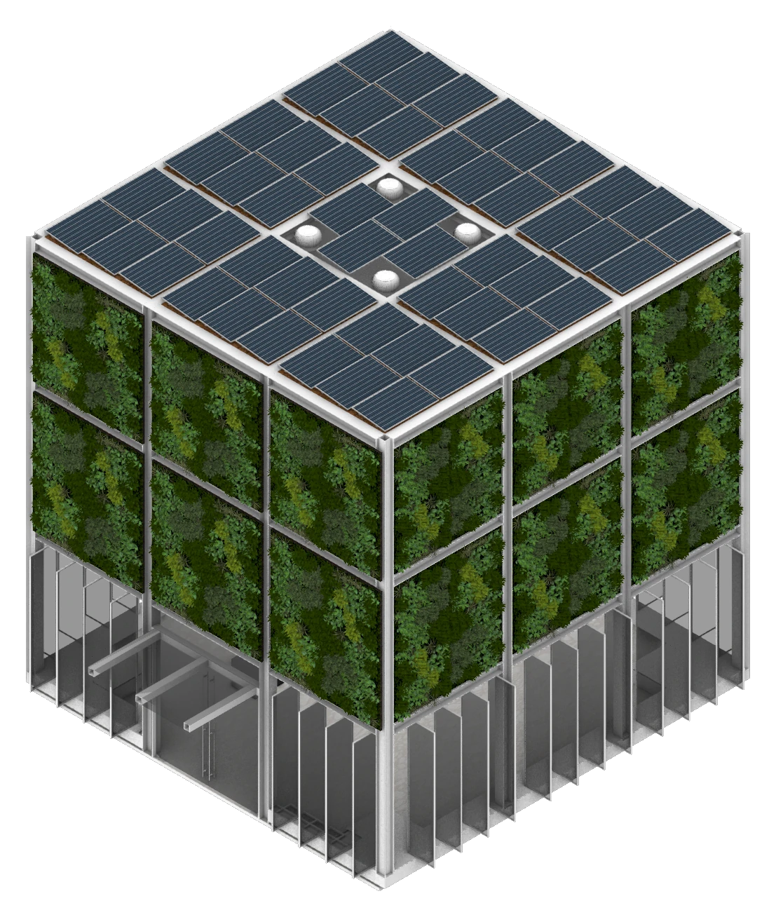 Axonometric of the planted, net-zero envelope — solar roof and green walls over a raised floor