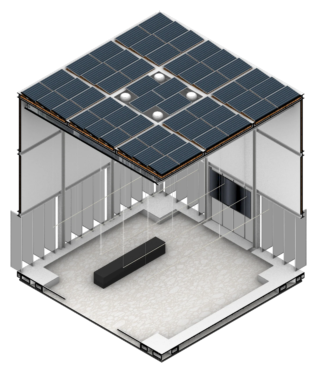 Axonometric cut of the same cube, showing the interior volume and passive-cooling section