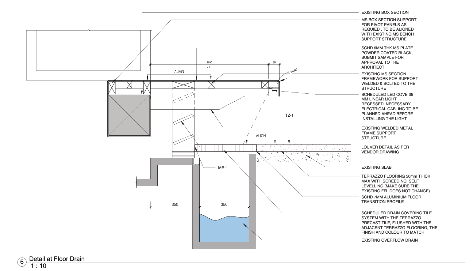 Construction detail at the floor drain, drawn 1:10