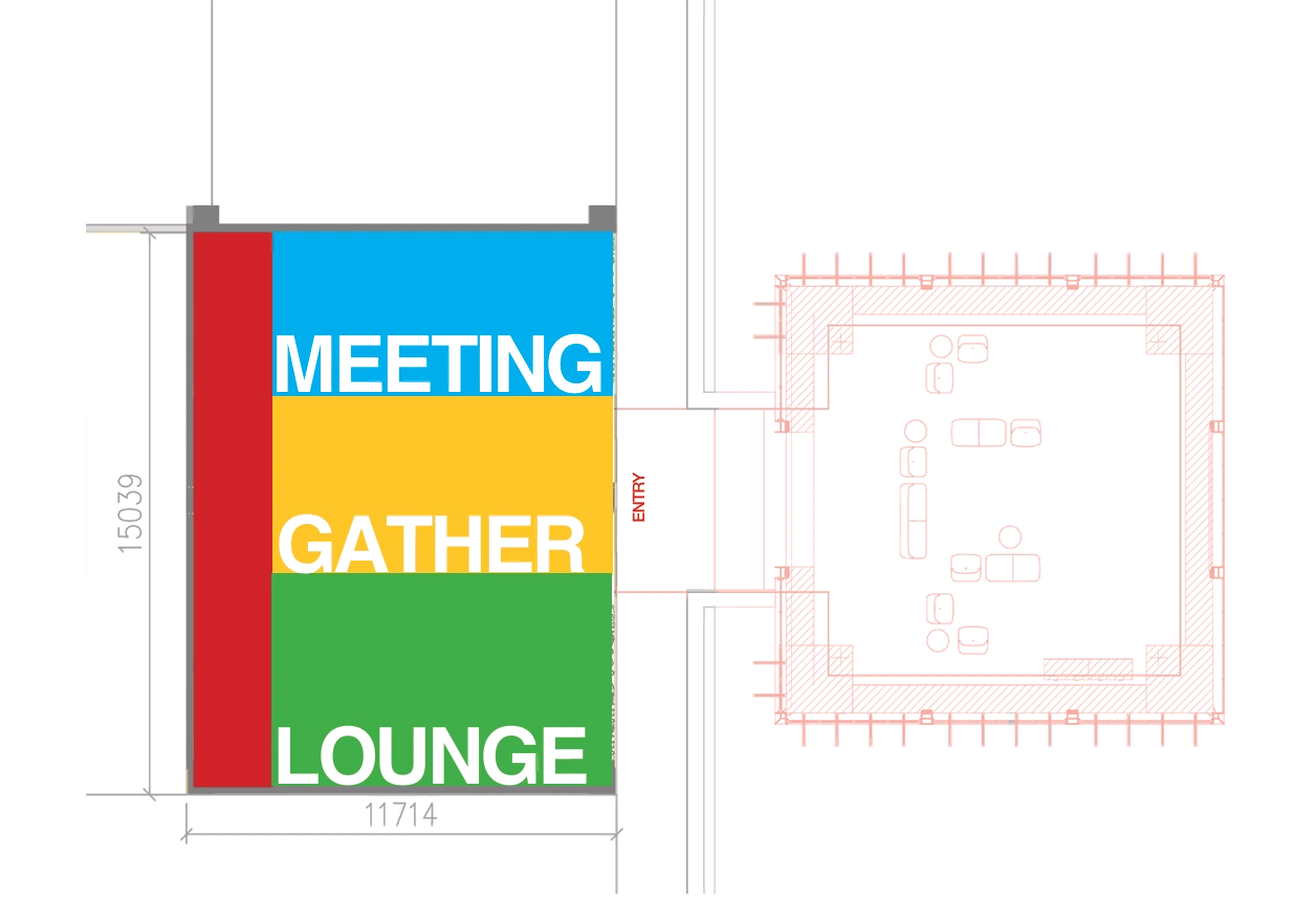 Plan of the experience center — entry, gather, lounge and meeting zones, colour-coded