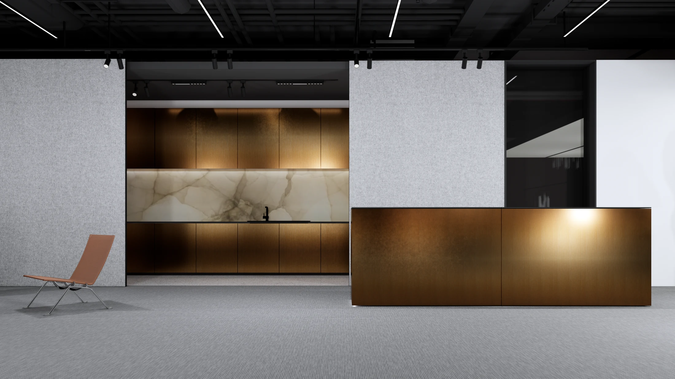 The experience-center interior — warm metal and marble against a dark workplace