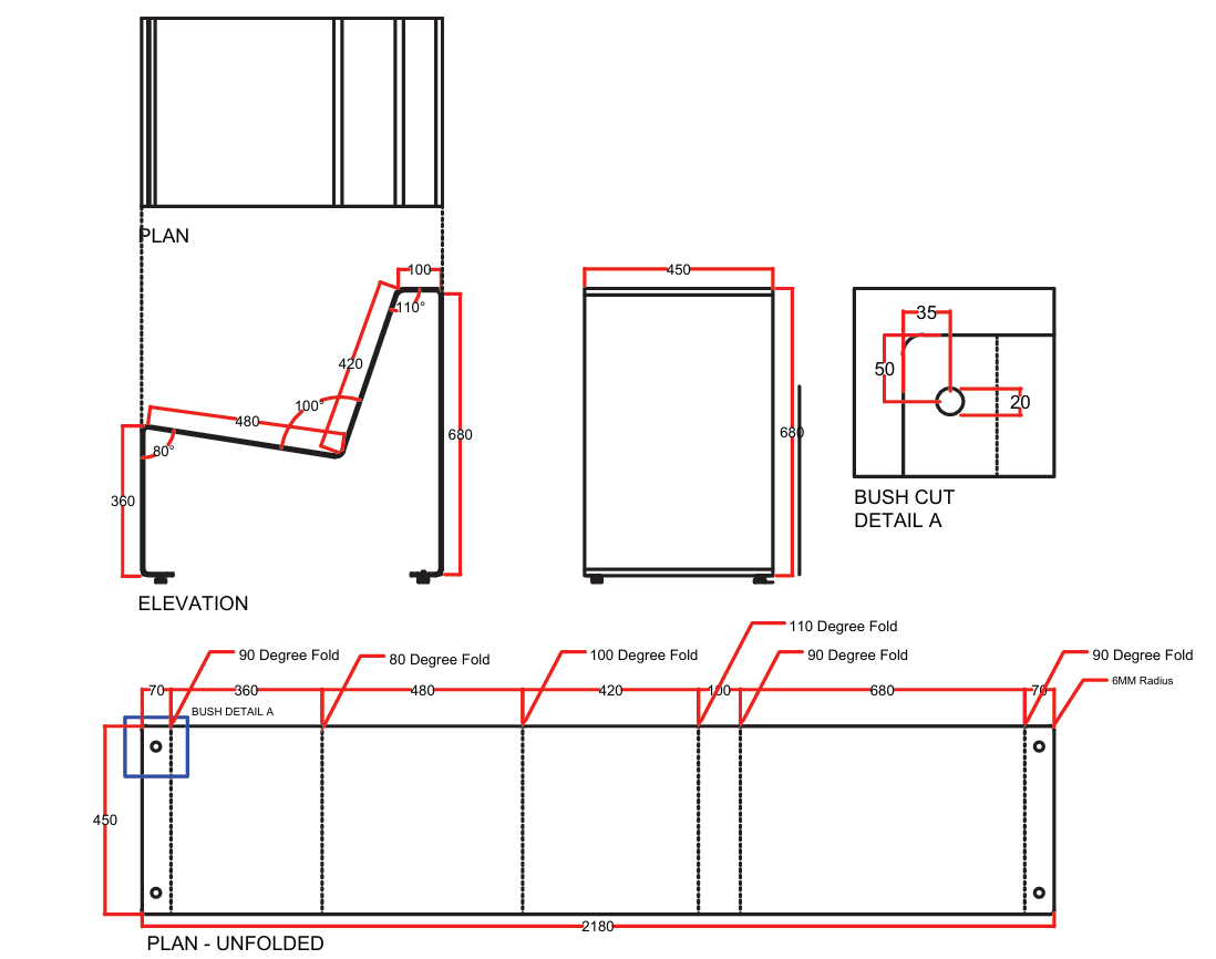 The chair drawn as plan, elevation and the unfolded plate with its fold angles