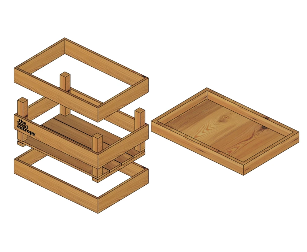 An exploded CAD render of the mango crate and its sliding lid
