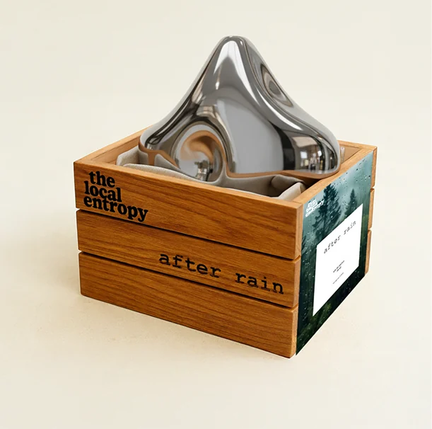 The Mango Crate, branded the local entropy, holding the chrome ornament