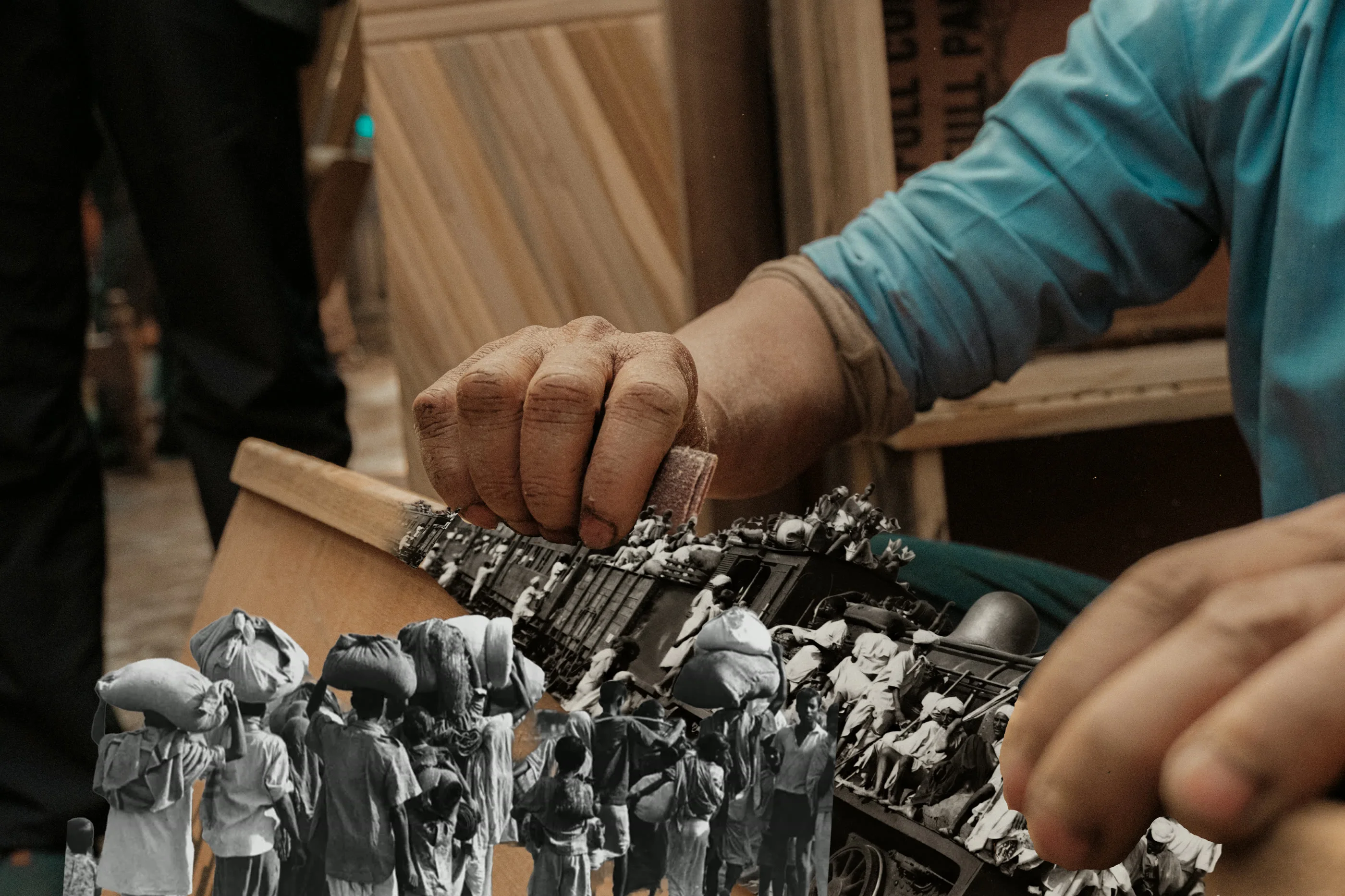 A craftsman's hand at work over a black-and-white Partition photograph of refugees and a crowded train