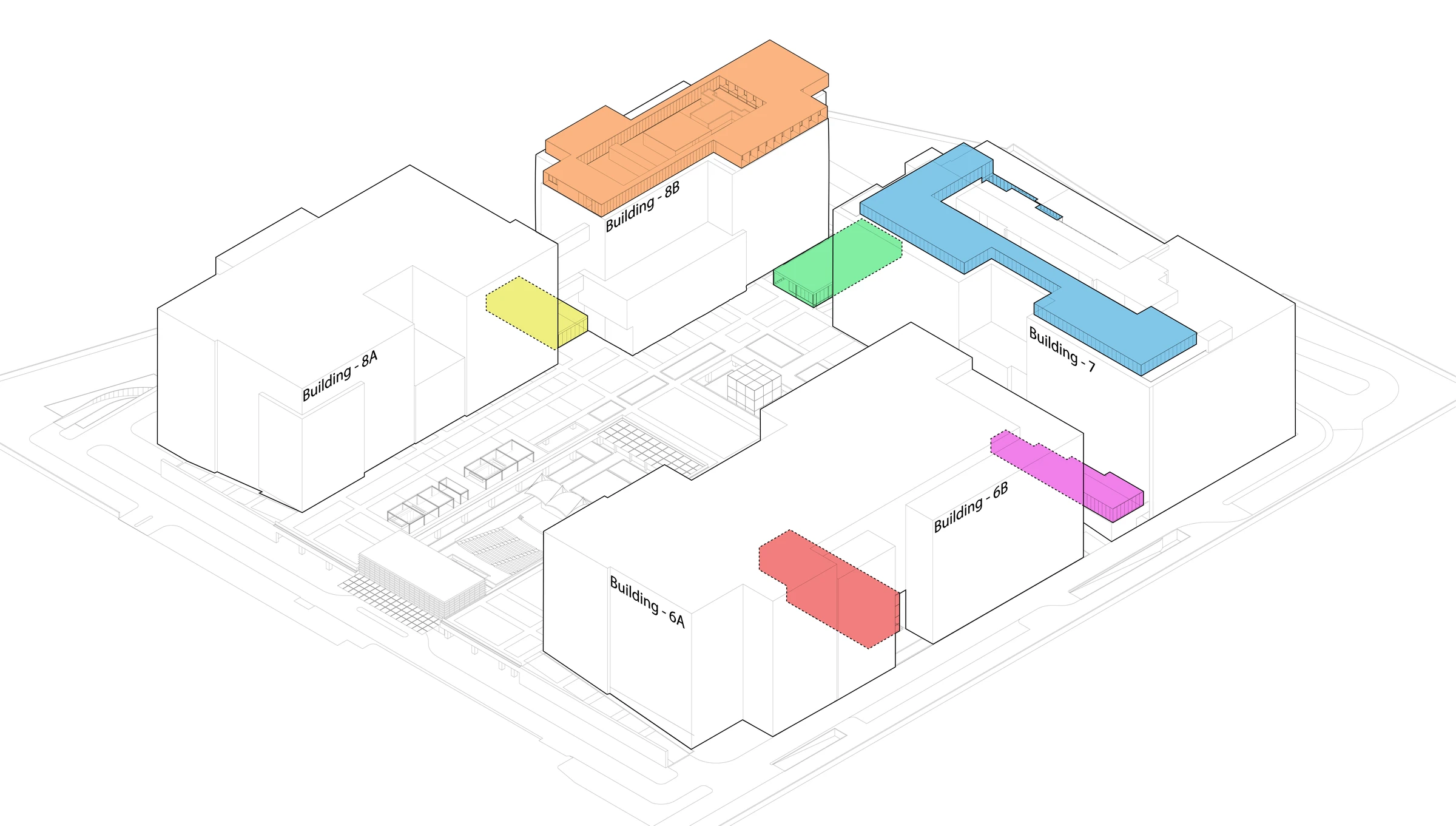 An axonometric of the whole campus with each intervention colour-coded across it