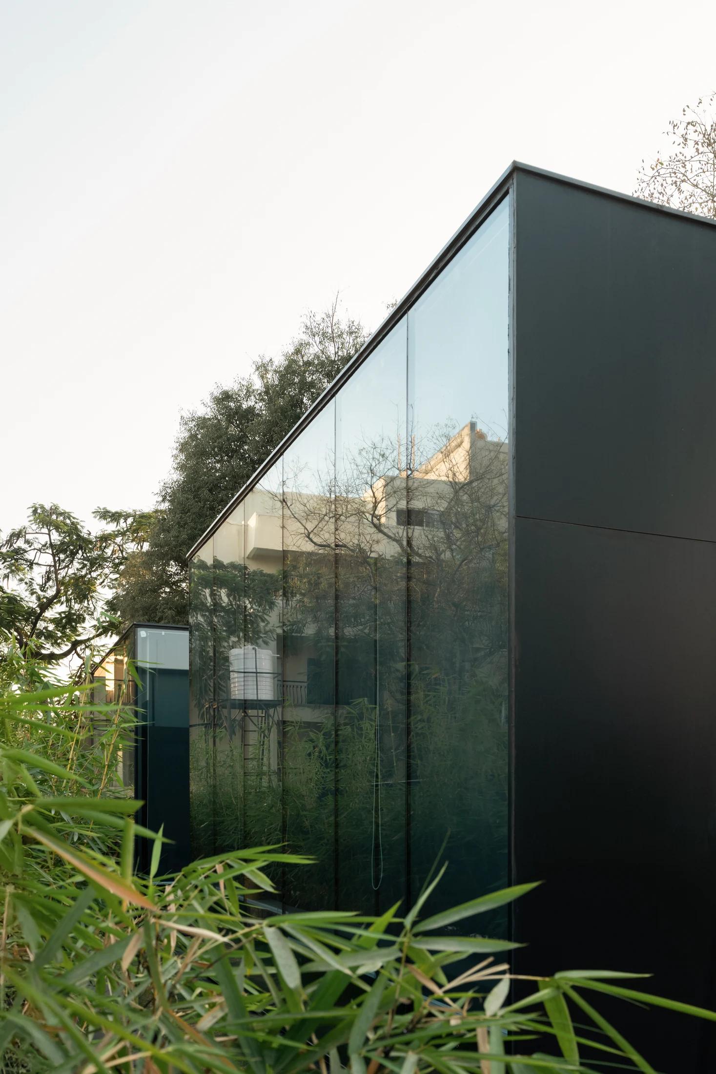 The built pavilion at the building's edge, dark glass against planting