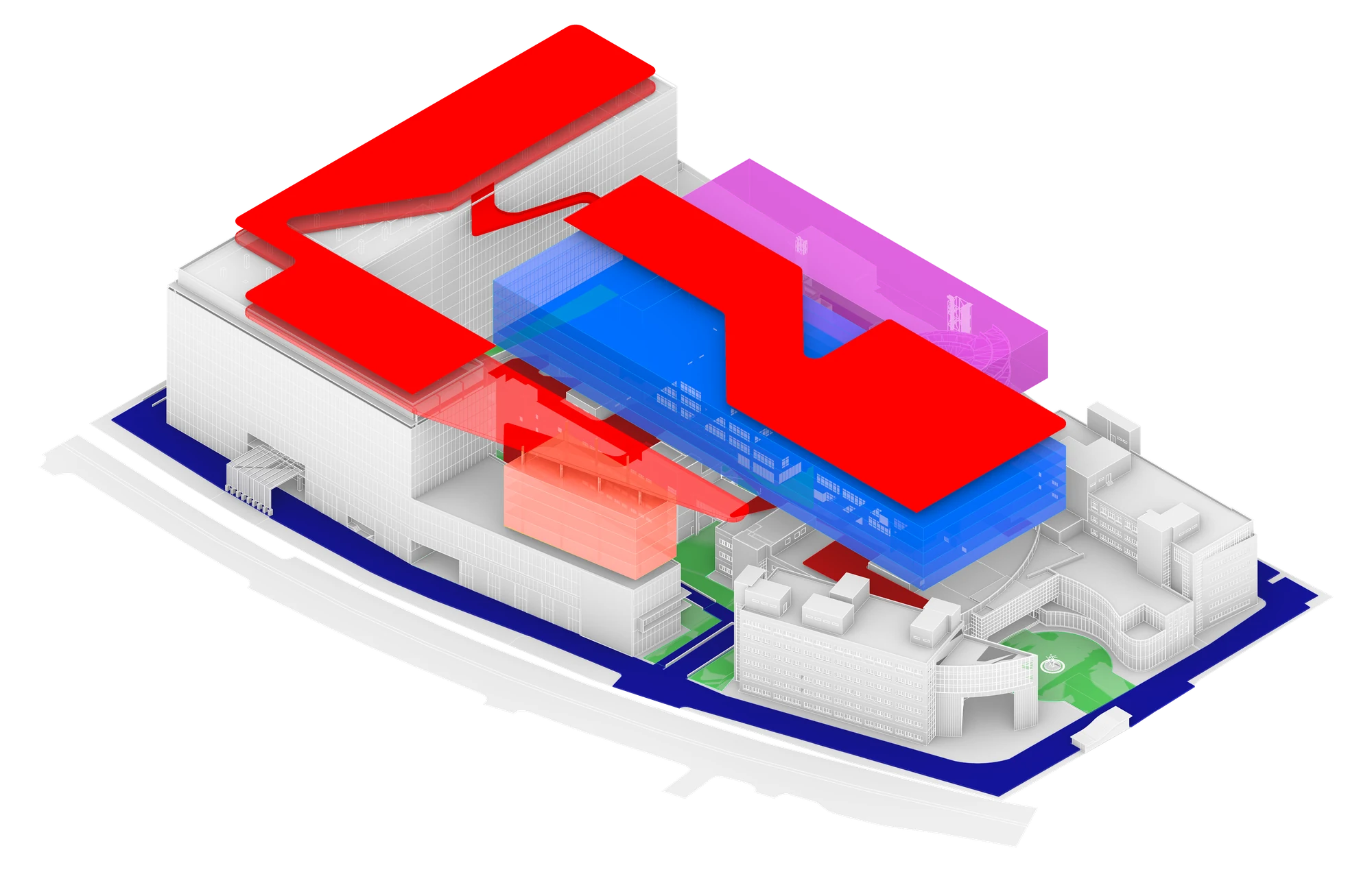 Massing option one — a colour-coded volume study set over the existing tech-park site