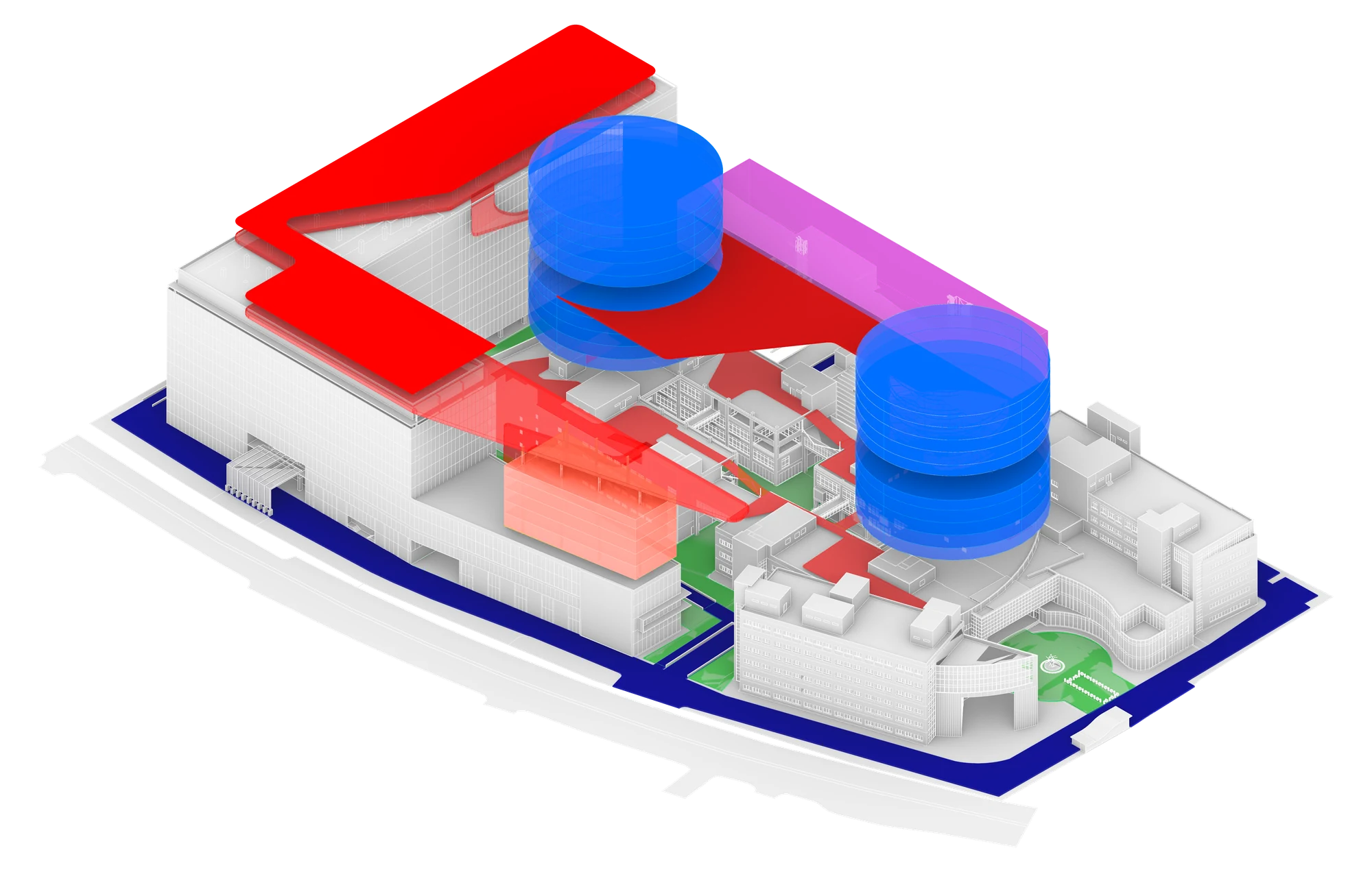 Massing option three — paired towers tested against the site
