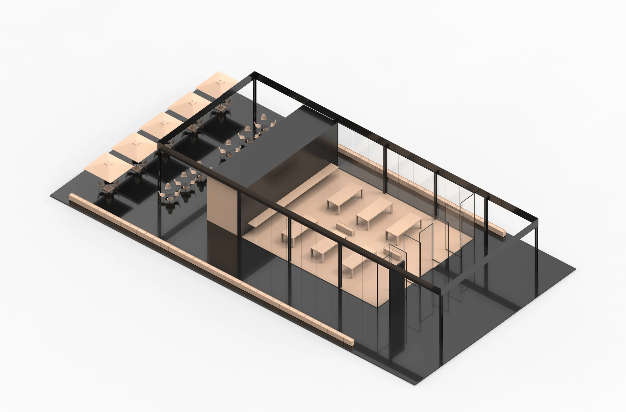 A study model of one intervention, its fit-out laid out on a dark plinth