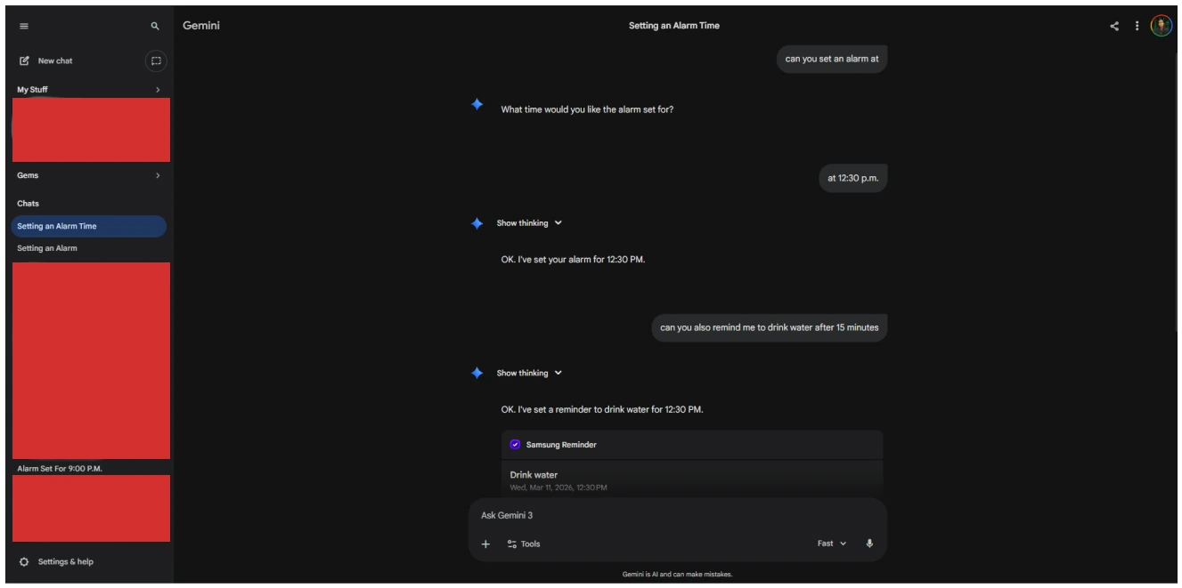 Google Assistant commands appearing inside the Gemini chat list