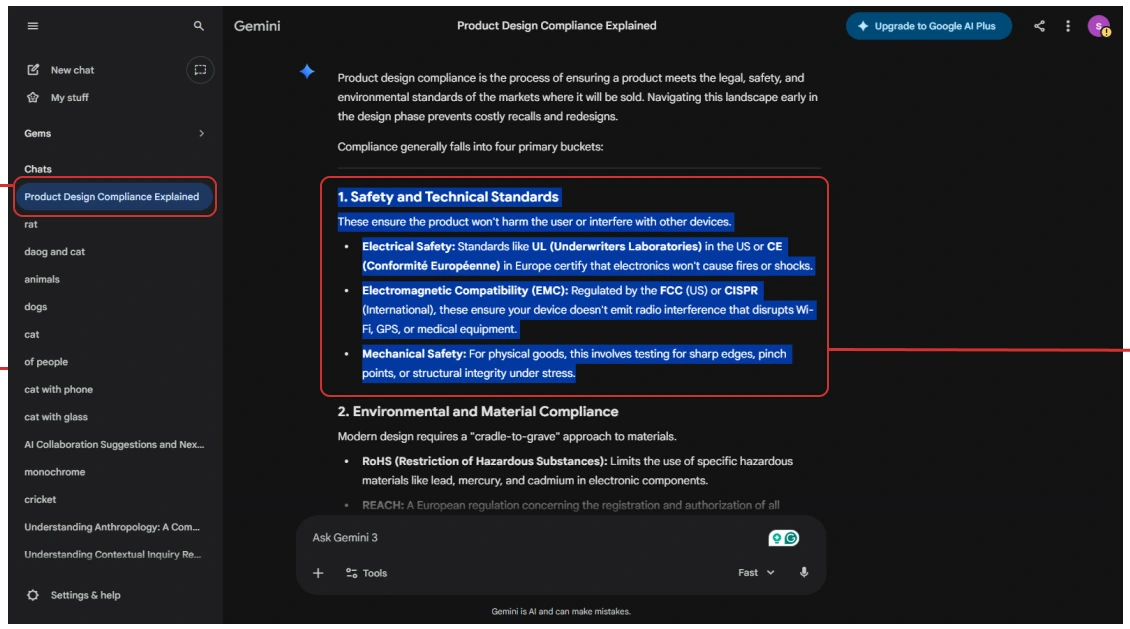 A long Gemini chat with limited search and no highlighting