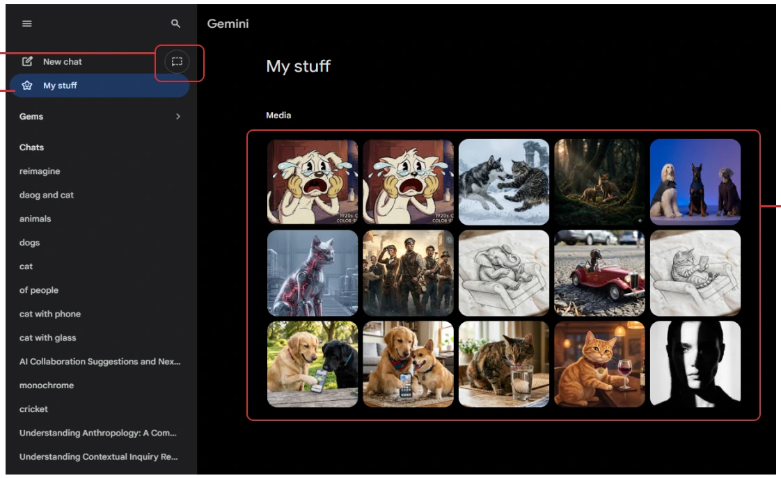 The My Stuff media grid, not organised by chat