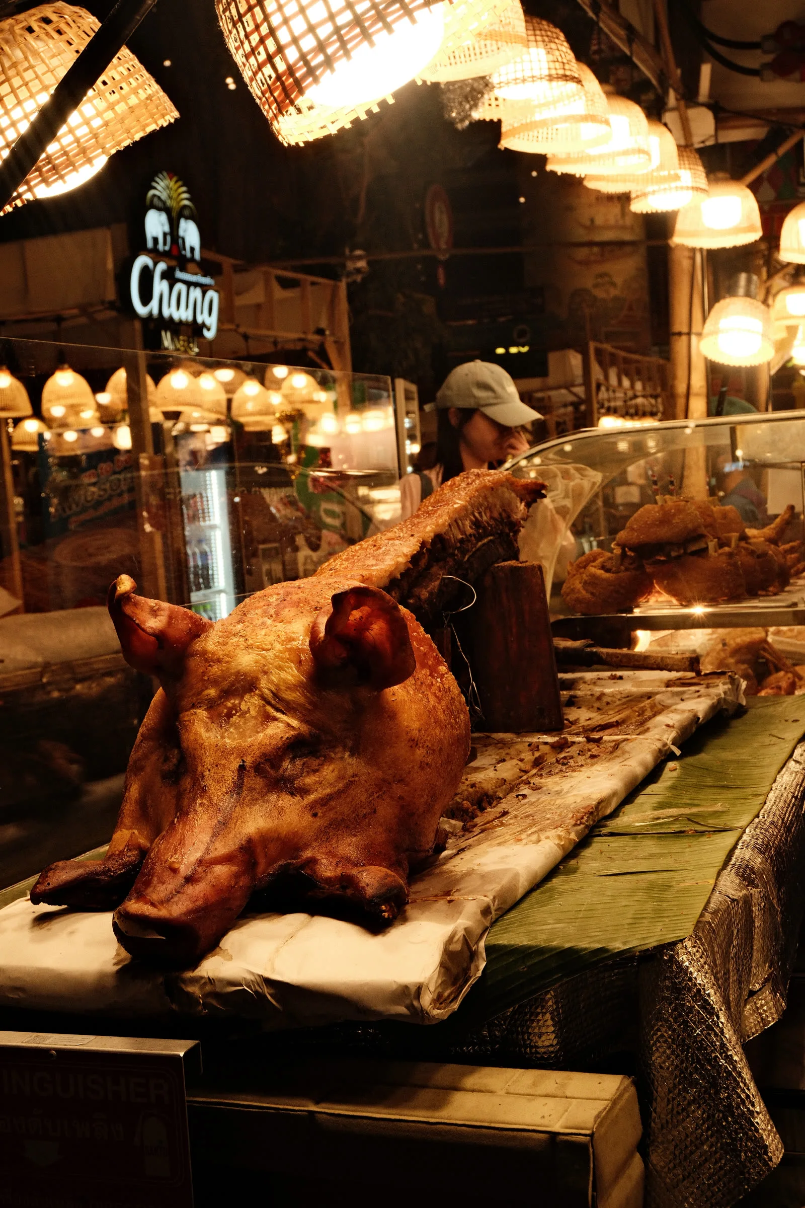 A night market lit with golden lights