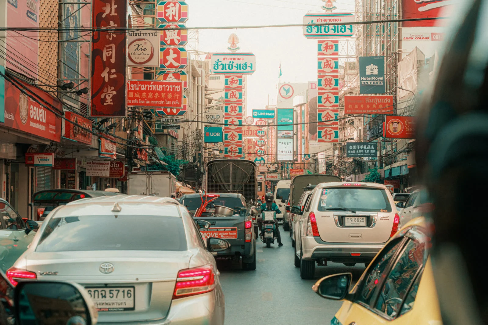 Yaowarat Road, the dense signage and traffic of Bangkok's Chinatown