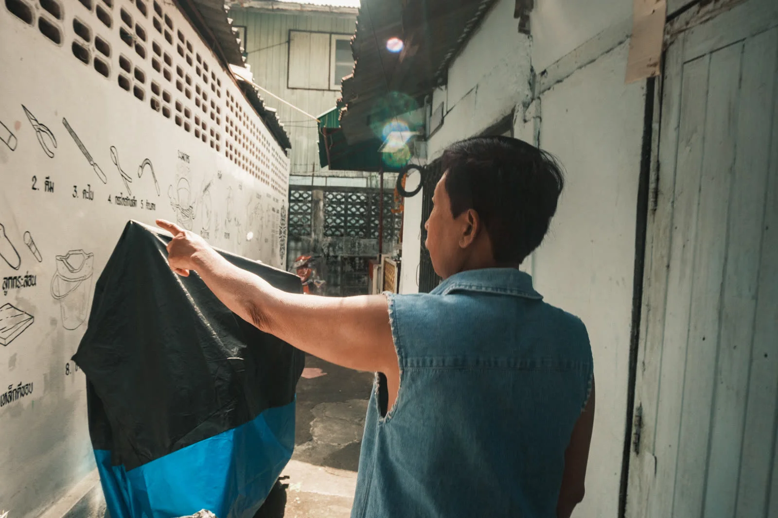 A painted panel on the workshop wall