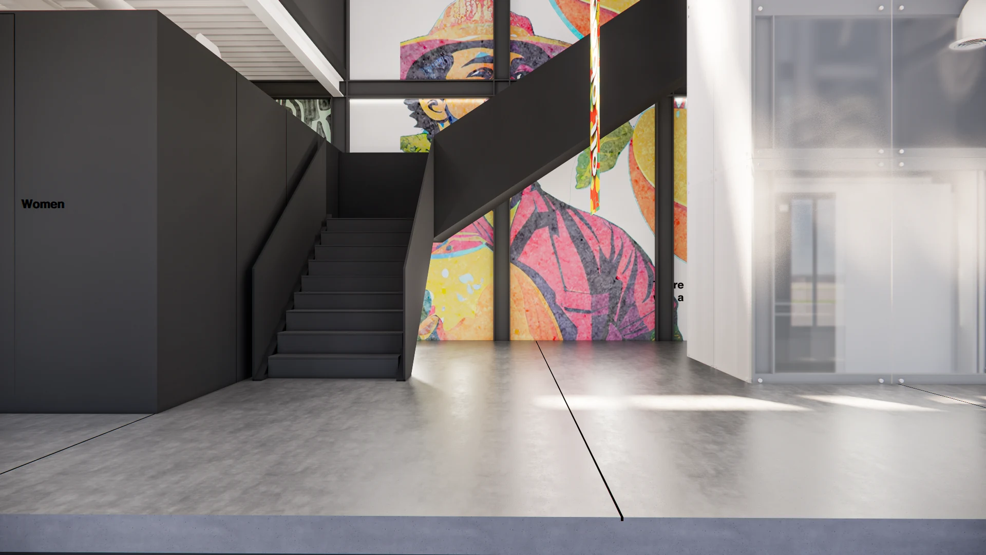 Interior of the new office front, the factory's structure visible through it