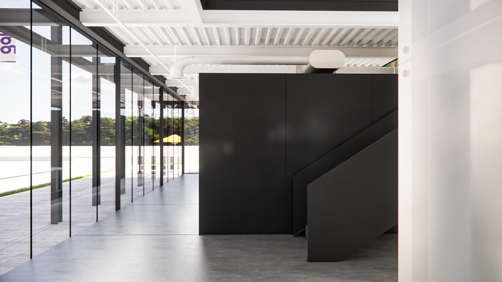 The full interior hall, the revealed factory wall running its length