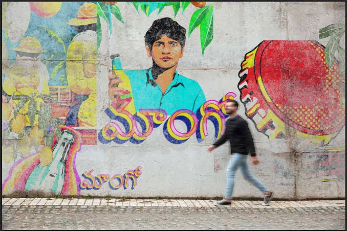 The factory's original painted mango mural, revealed at street level
