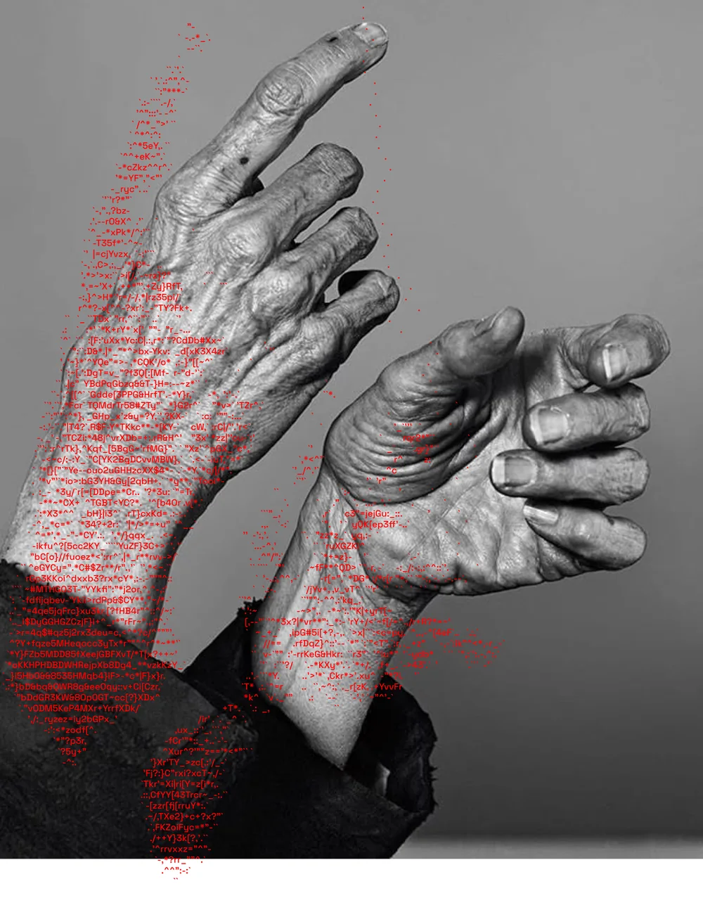 Two elderly hands raised in black and white, overlaid with red characters that trace the fingers