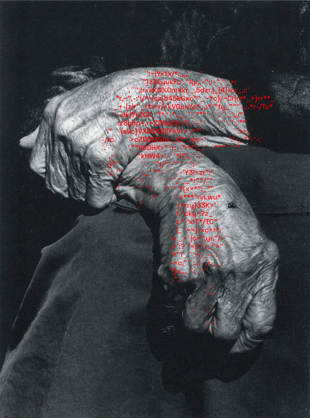 An elderly person's clasped hands in black and white, overlaid with red characters that trace the shape of the hands