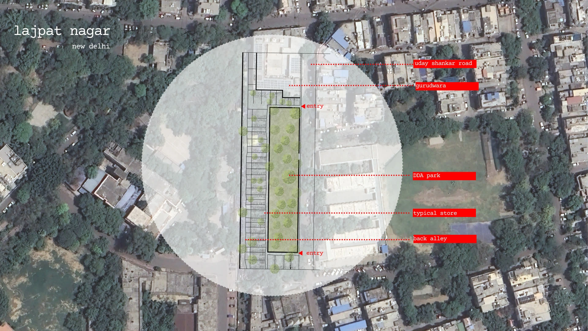 An annotated satellite map locating the market between Uday Shankar Road, a gurudwara, a DDA park and the back alleys