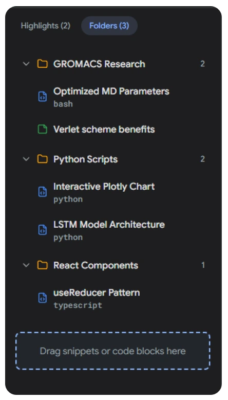 The Workspace folder structure with drag and drop snippets