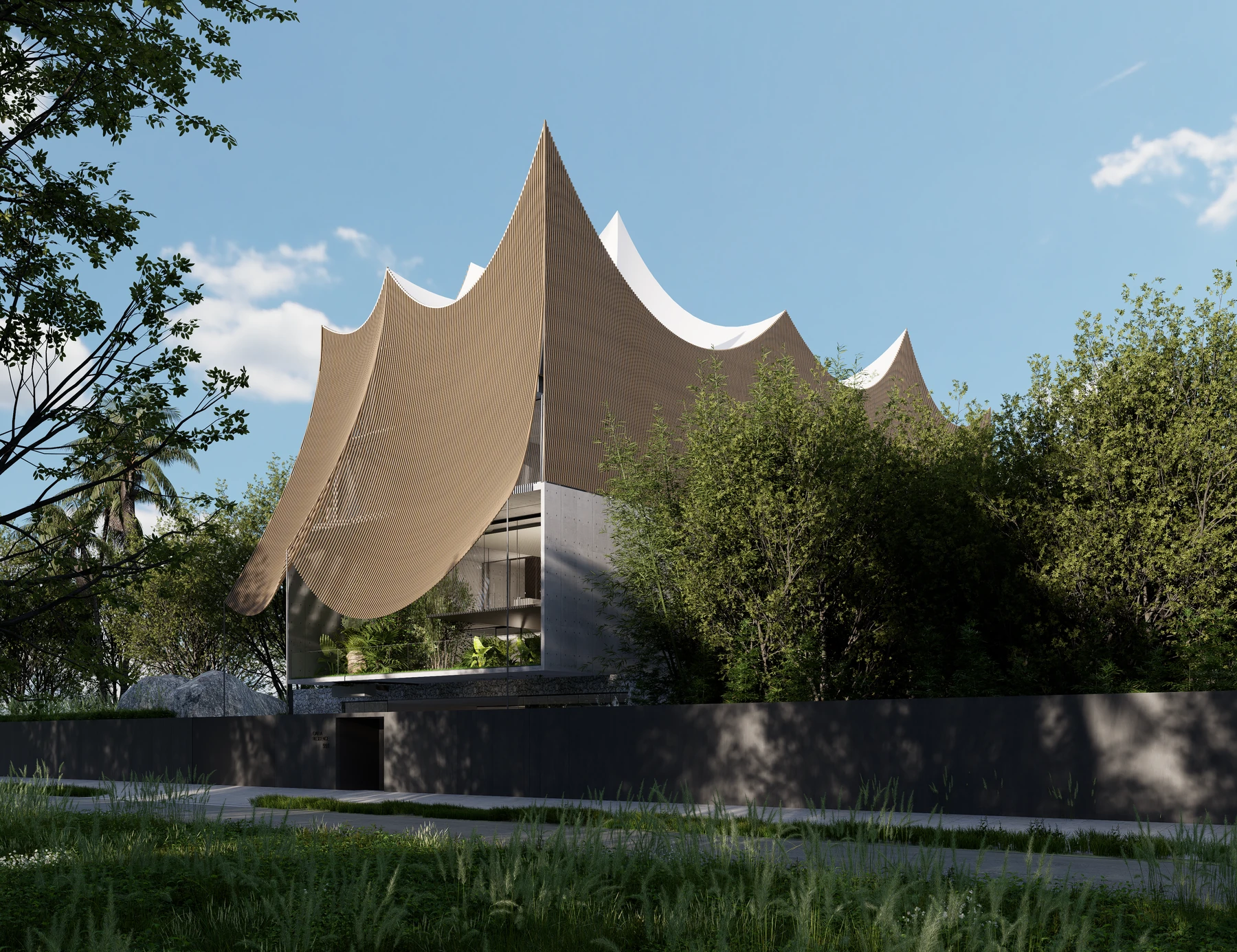 The completed residence — the reimagined curved roof rising among the trees