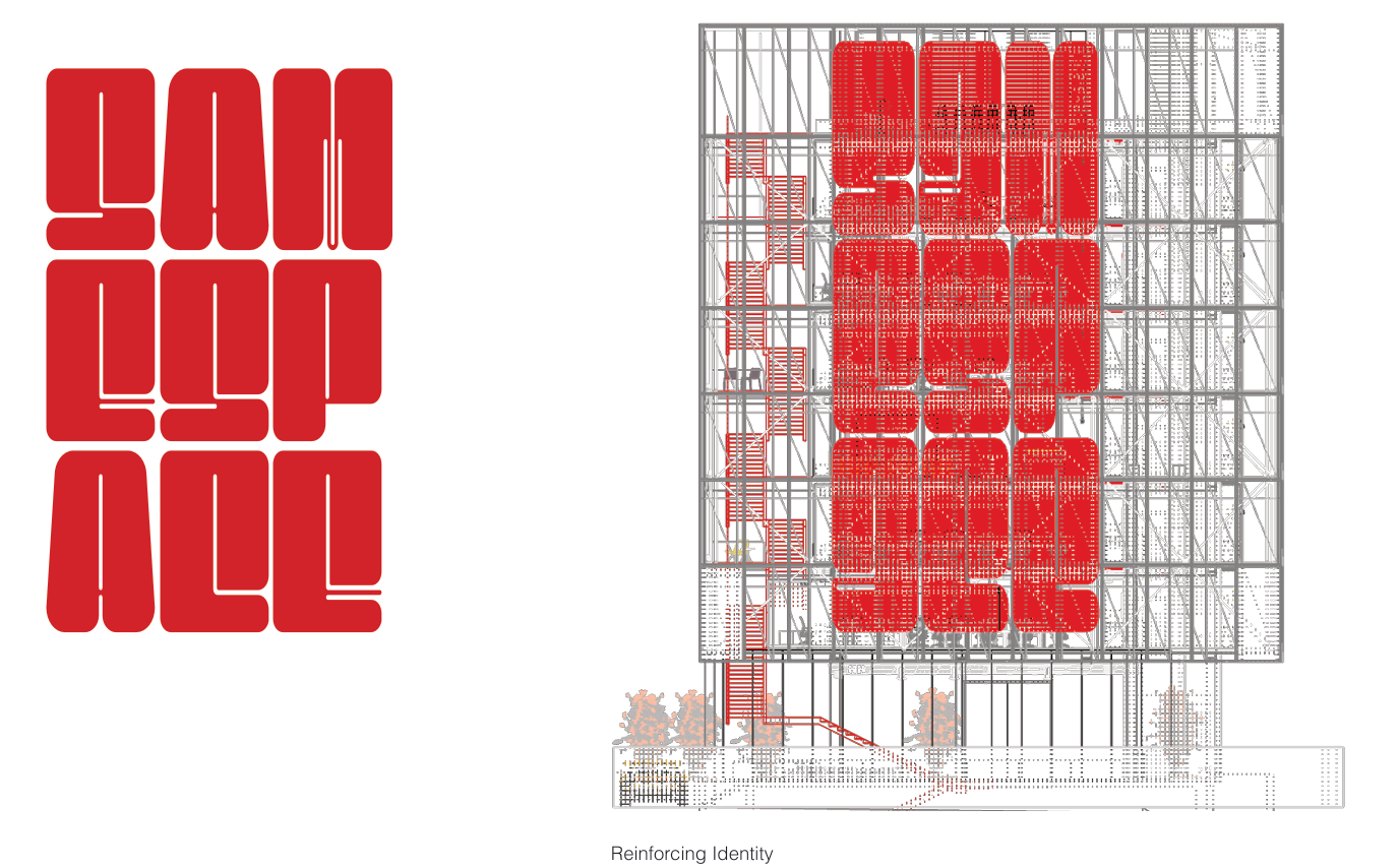 The SameSpace identity, and the logo carried onto the building's mesh facade