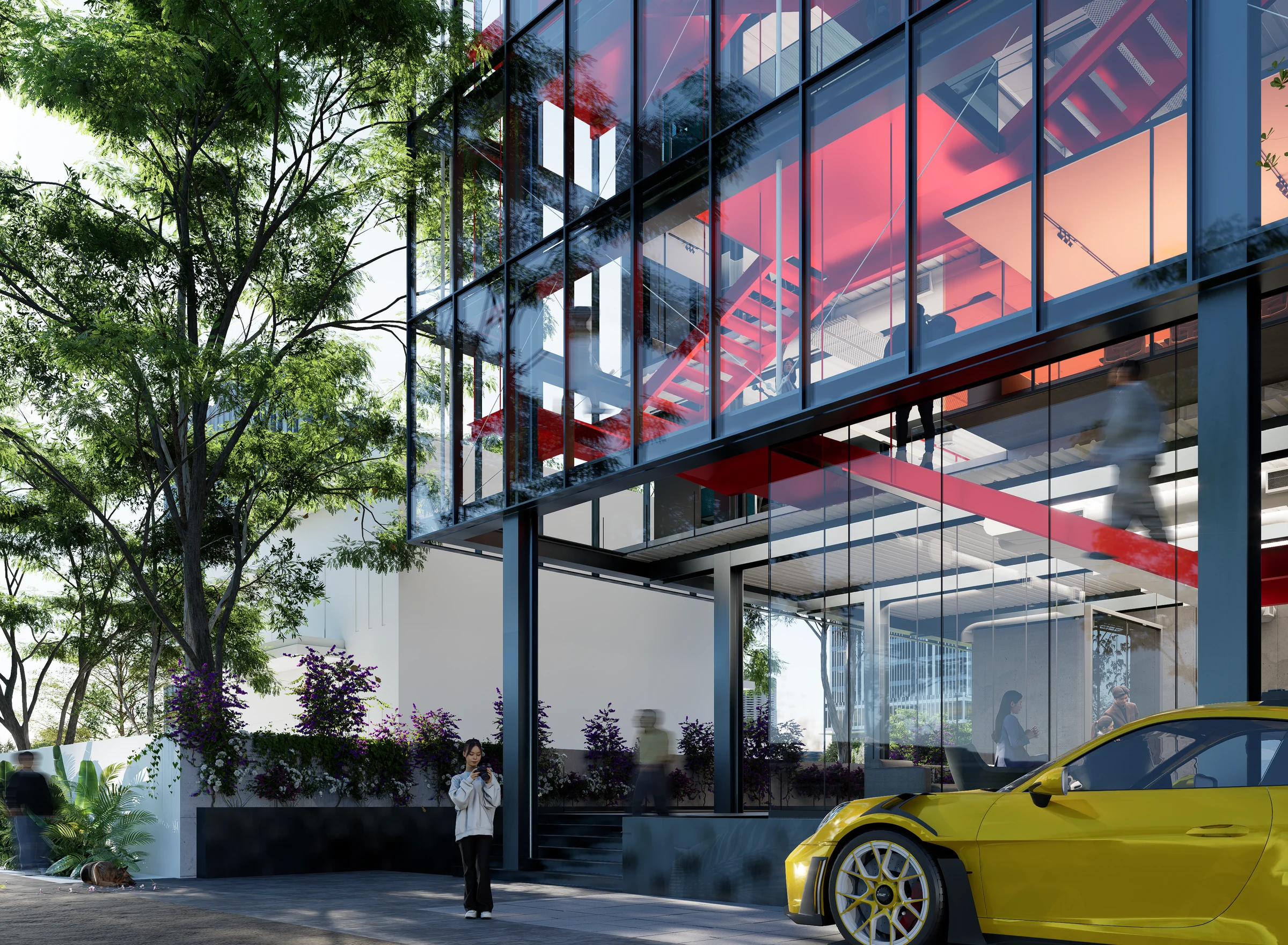 The retail frontage at street level, people and cars passing the new facade