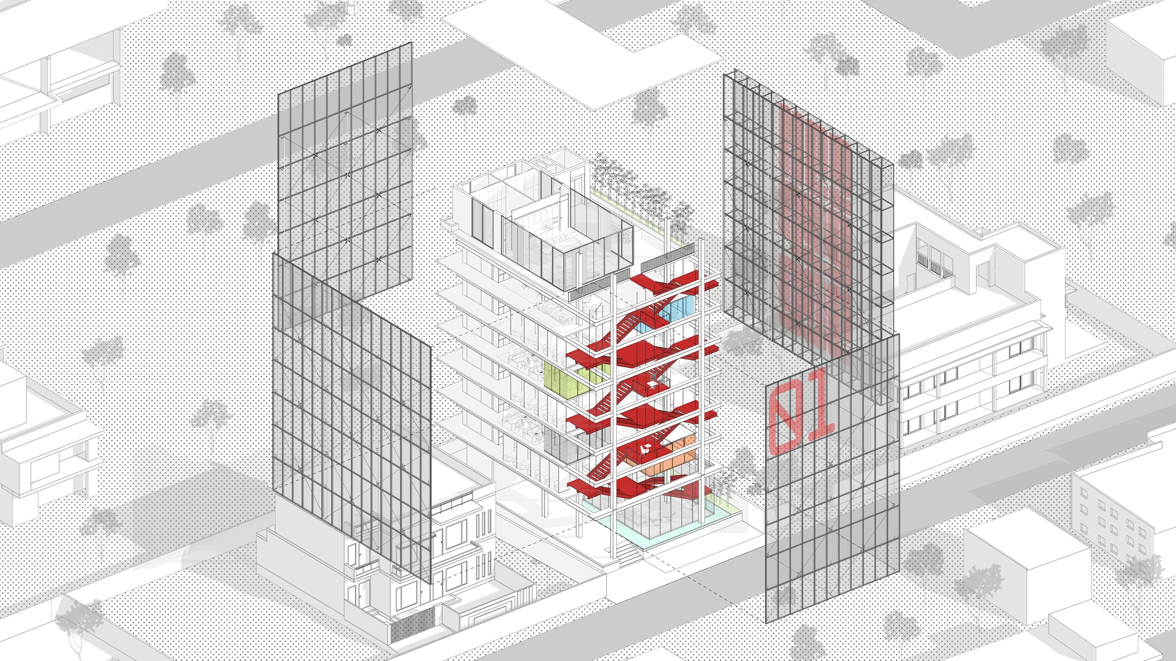 An axonometric cutaway of the building in its urban context, the red core visible through the glass