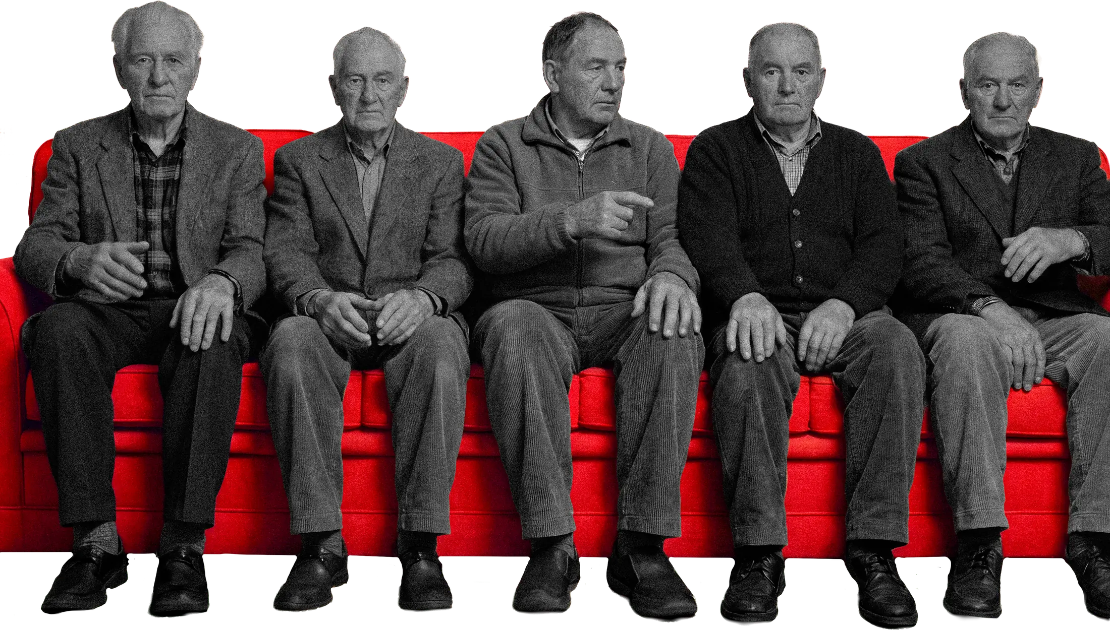 Five elderly men seated side by side on a red sofa, their hands resting in their laps