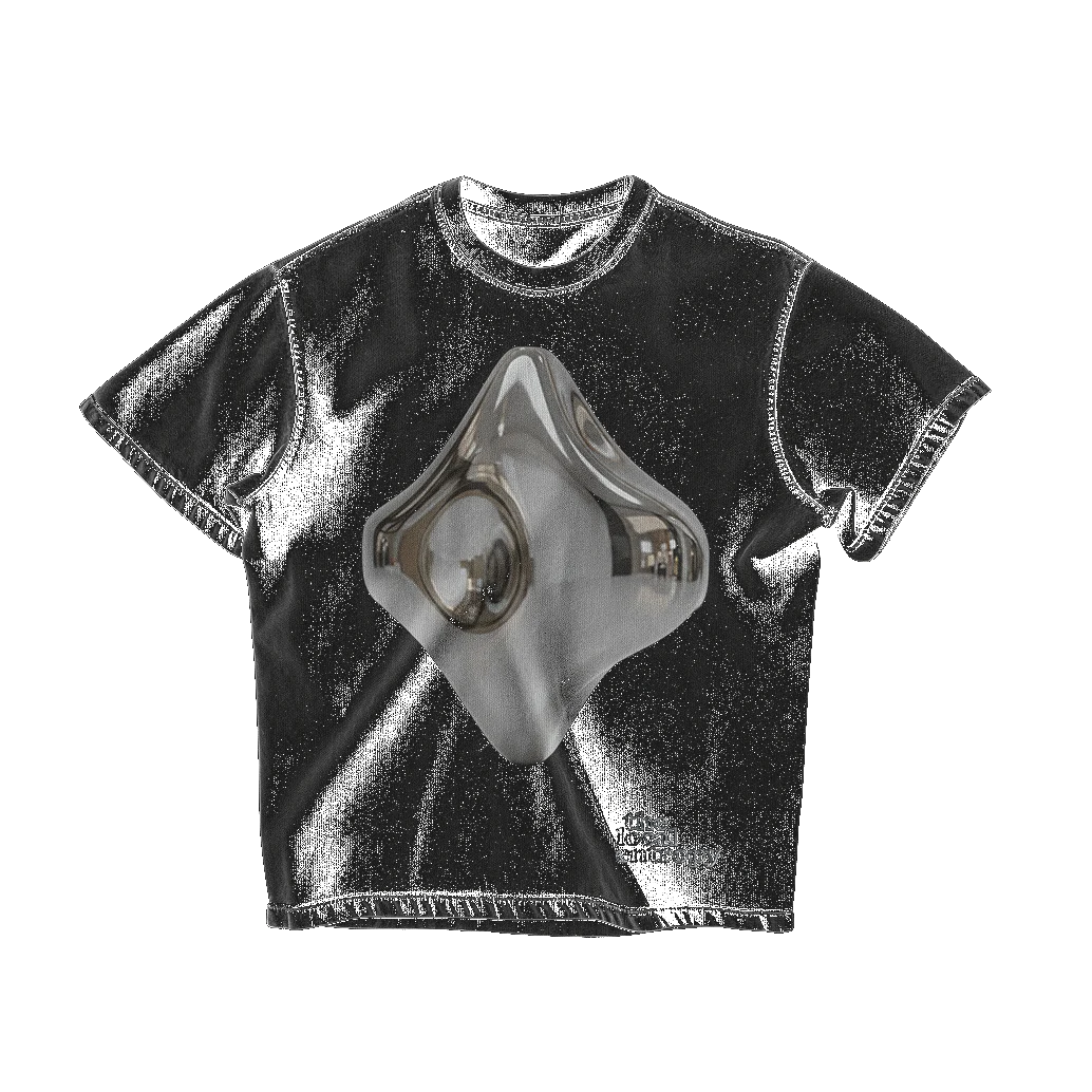 A washed-black tee printed with the chrome ornament