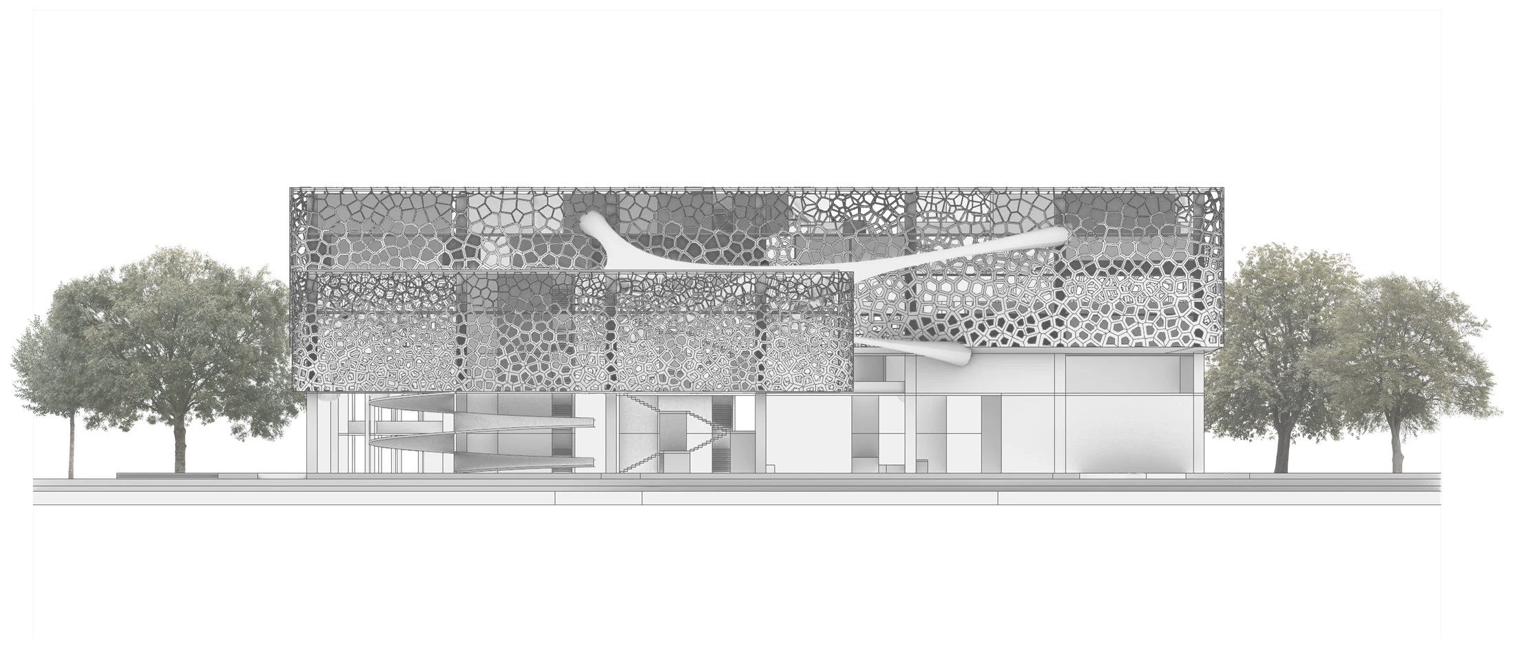 The long elevation — the perforated public face of the building, framed by trees