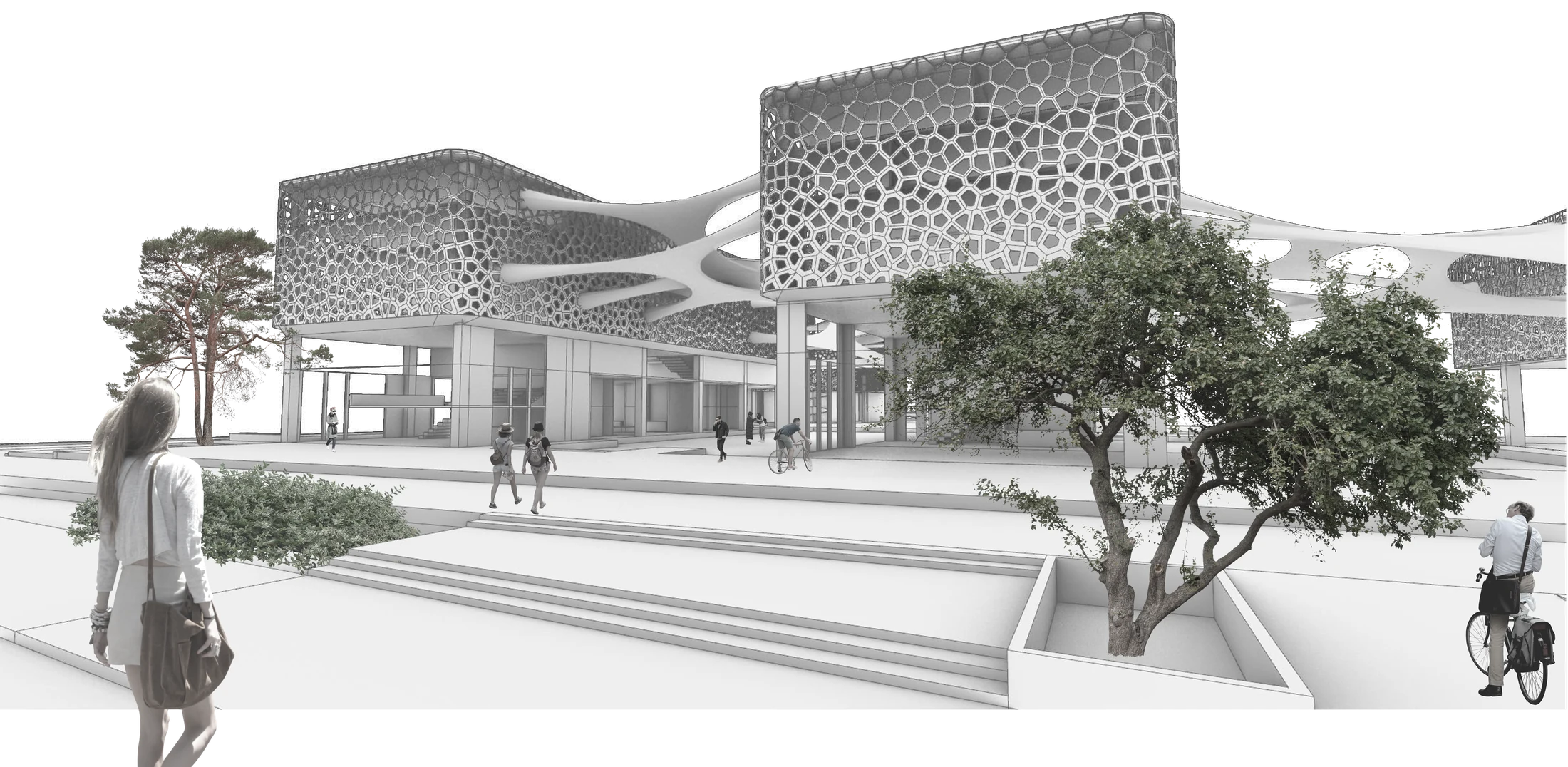 The cultural hub in its public plaza — an organic perforated shell over open ground, with people, steps and trees