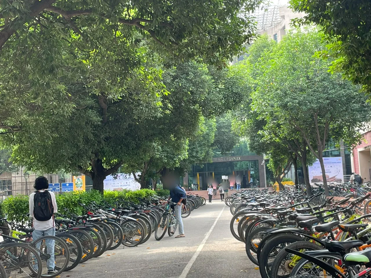 The lane at 8.55 am, a rider wheeling a cycle between the rows toward the lecture hall